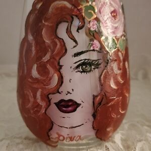 Handpainted "Diva" red haired stemless wine glass